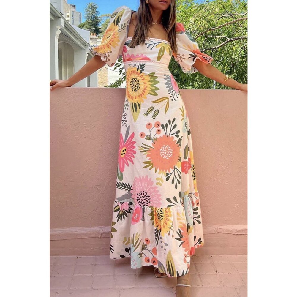 NWT $249 Nicola Women 8 Linen Cotton Maxi Dress Potpourri Bold Flowers Cottage - Picture 2 of 14